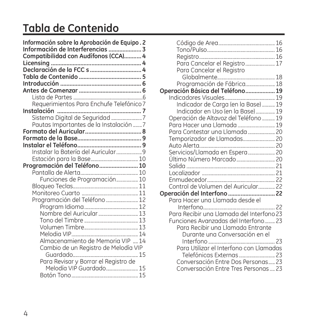 GE 28115 Series manual Tabla de Contenido, Compatibilidad con Audífonos CCA 