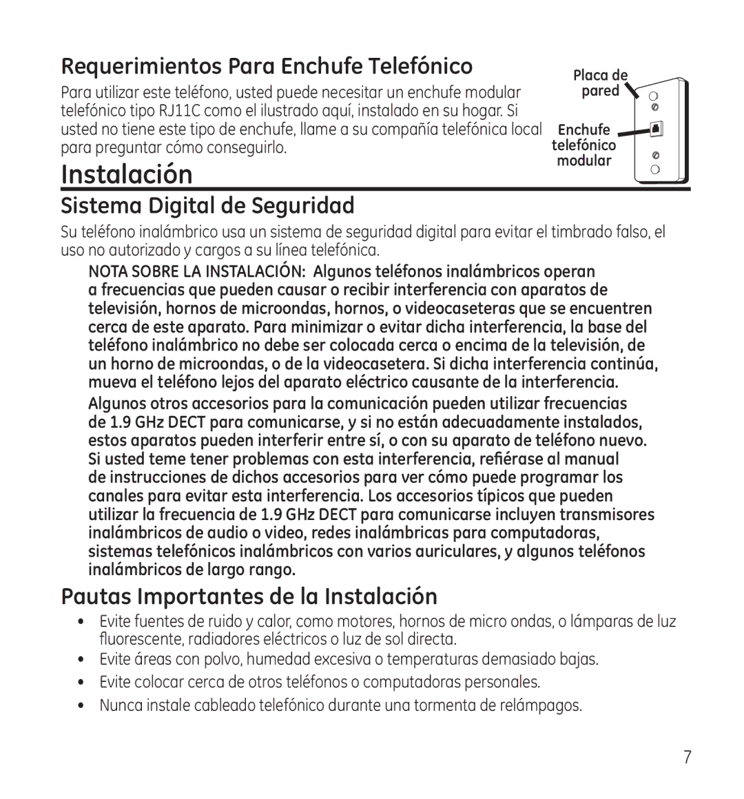 GE 28115 Series manual Instalación, Requerimientos Para Enchufe Telefónico, Sistema Digital de Seguridad 