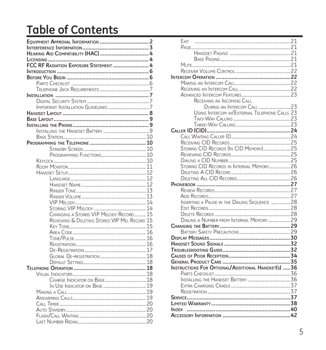 GE 28115 Series manual Table of Contents 