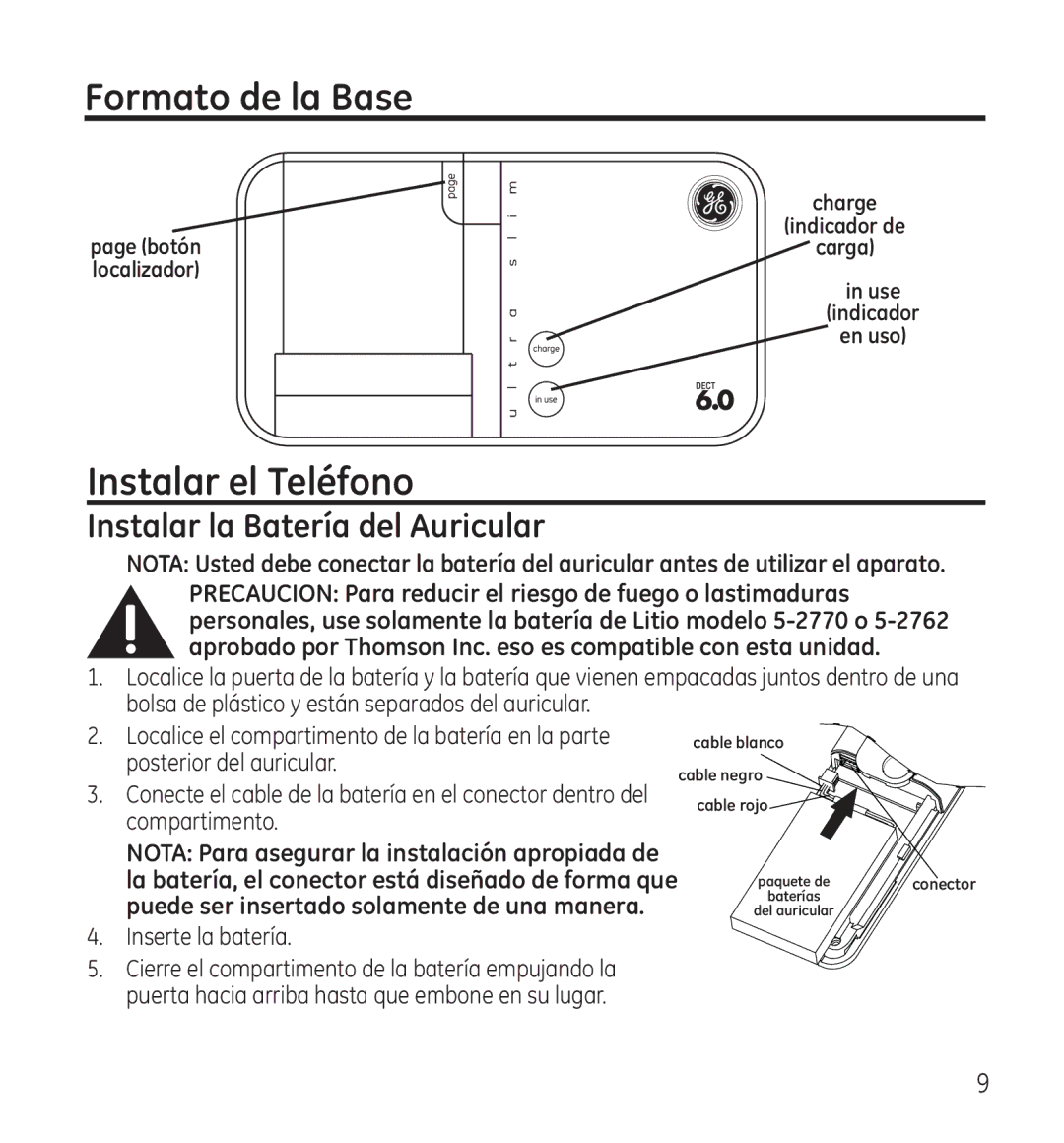 GE 28115 Series manual Formato de la Base, Instalar el Teléfono, Instalar la Batería del Auricular 