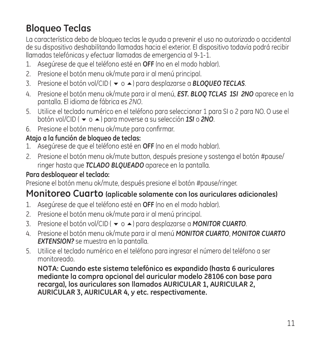 GE 28115 Series manual Bloqueo Teclas, Atajo a la función de bloqueo de teclas, Para desbloquear el teclado 