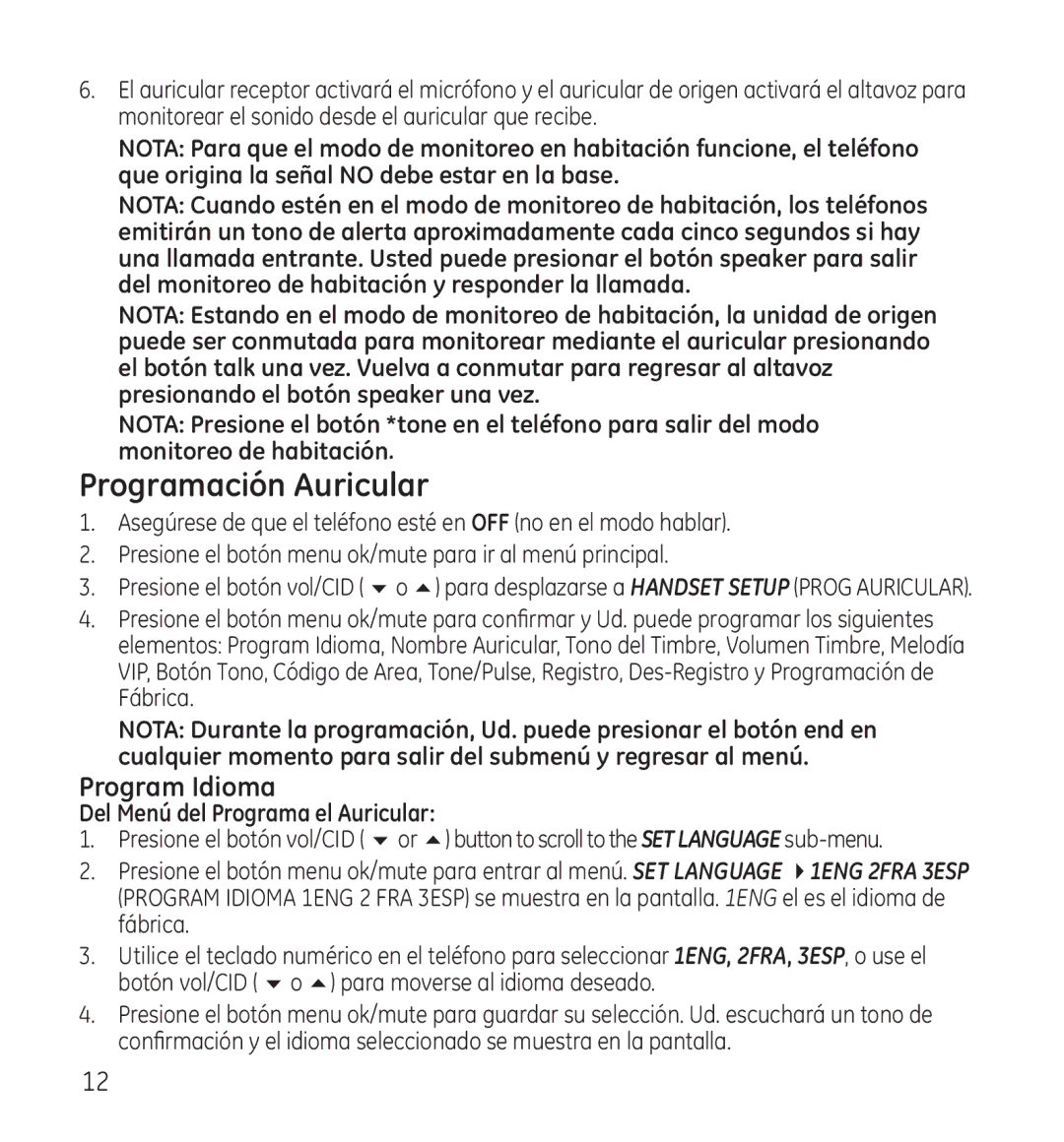 GE 28115 Series manual Programación Auricular, Program Idioma, Del Menú del Programa el Auricular 