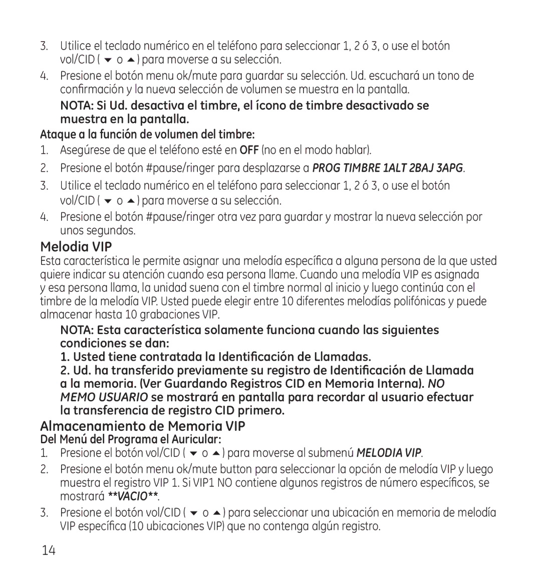 GE 28115 Series manual Melodia VIP, Almacenamiento de Memoria VIP 