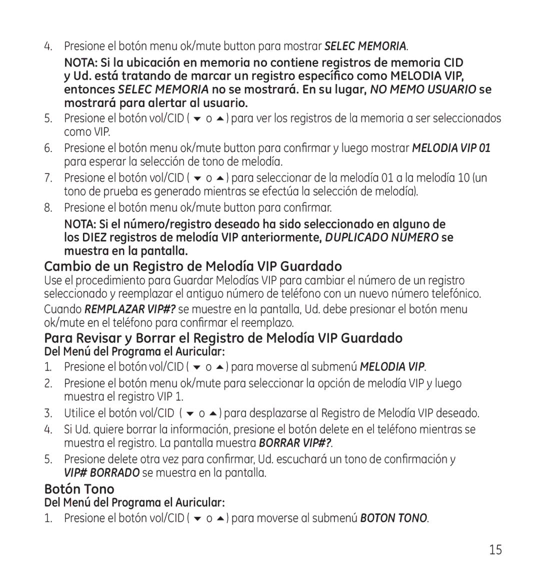 GE 28115 Series Cambio de un Registro de Melodía VIP Guardado, Para Revisar y Borrar el Registro de Melodía VIP Guardado 