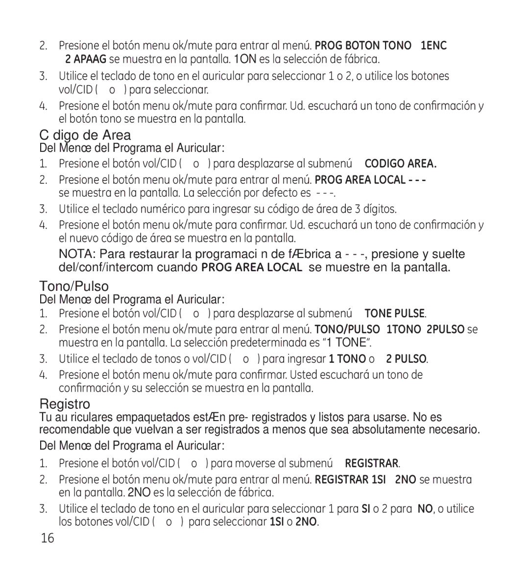 GE 28115 Series manual Código de Area, Tono/Pulso, Registro 