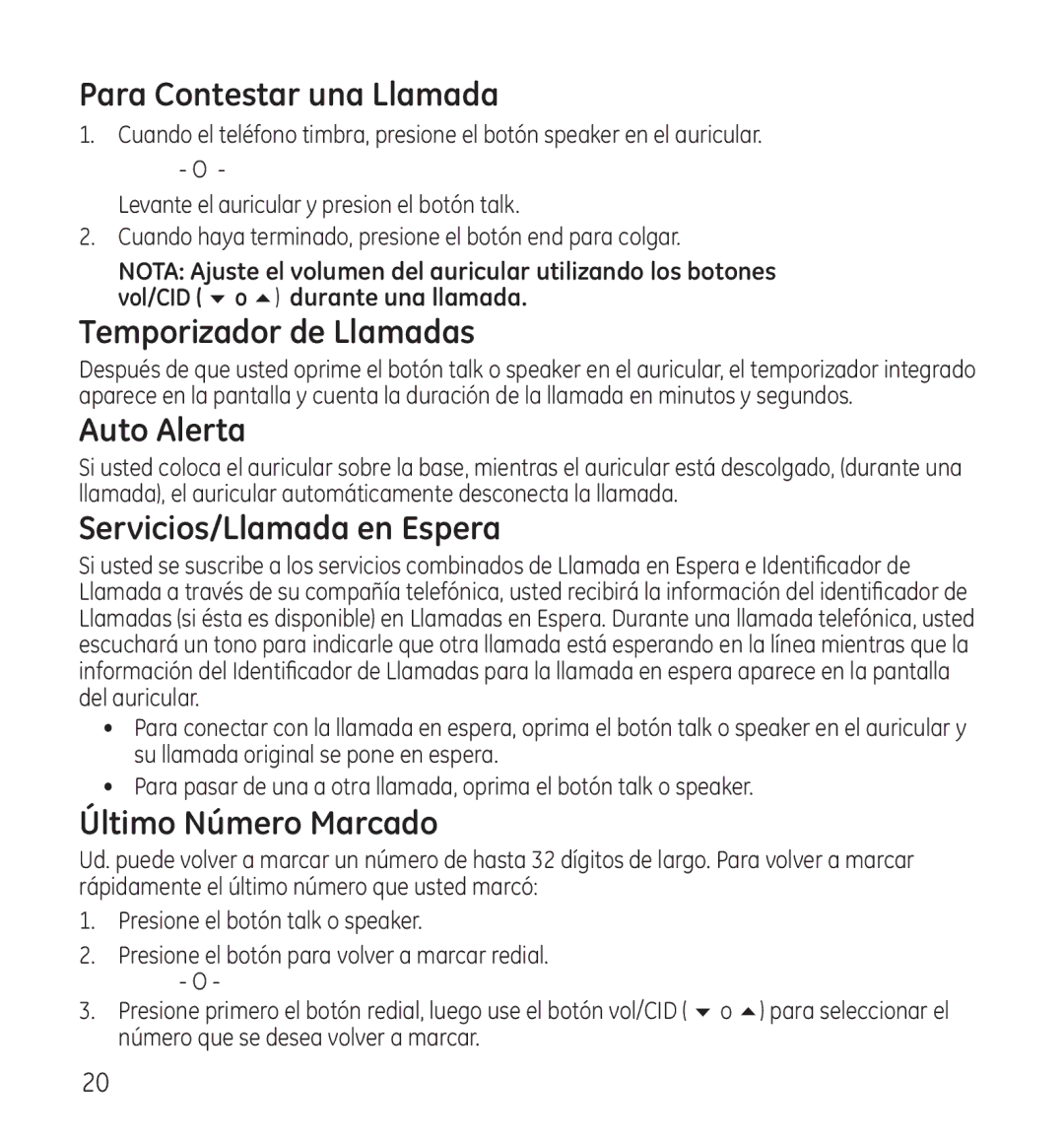 GE 28115 Series manual Para Contestar una Llamada, Temporizador de Llamadas, Auto Alerta, Servicios/Llamada en Espera 