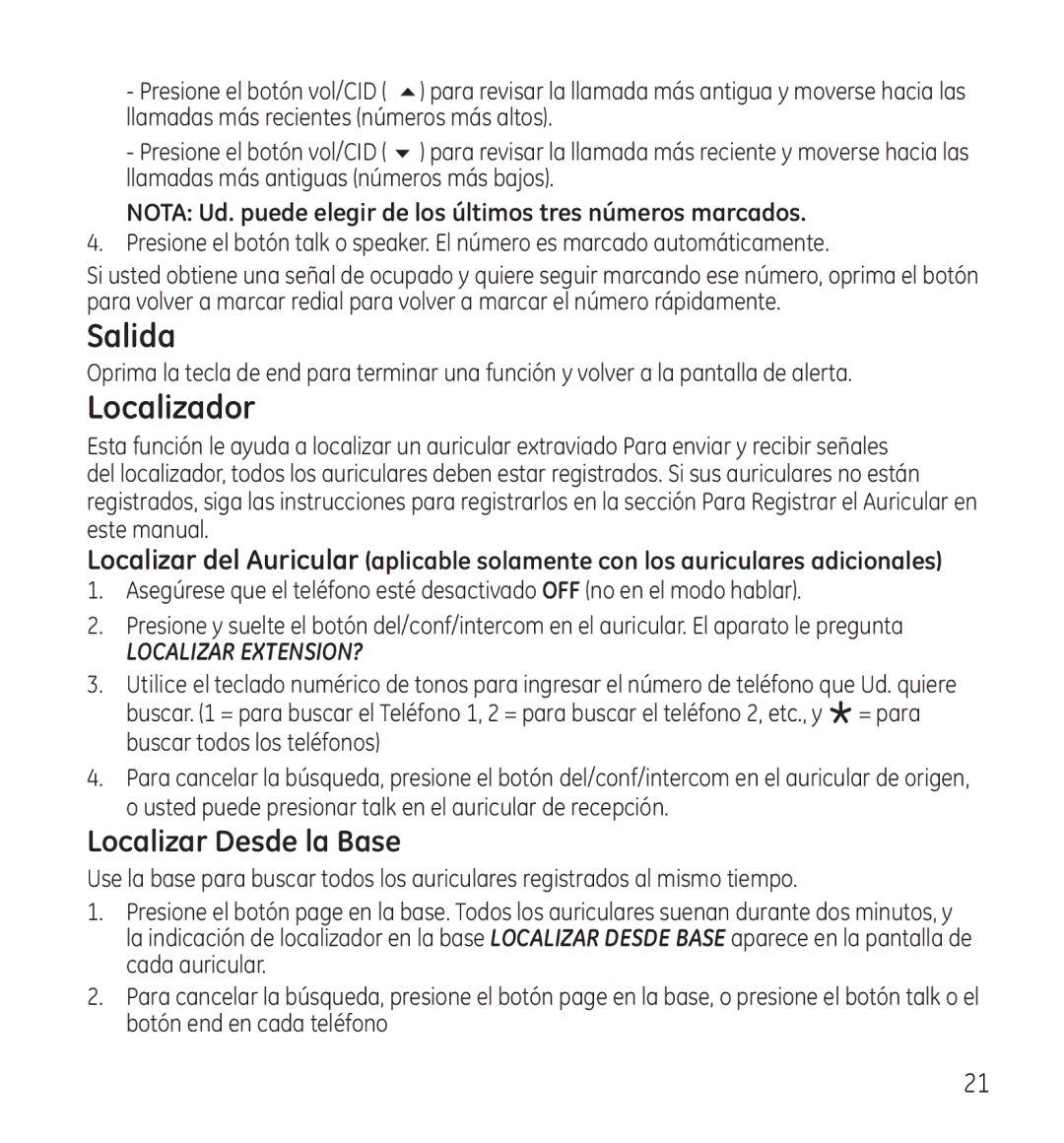 GE 28115 Series manual Salida, Localizador, Nota Ud. puede elegir de los últimos tres números marcados 