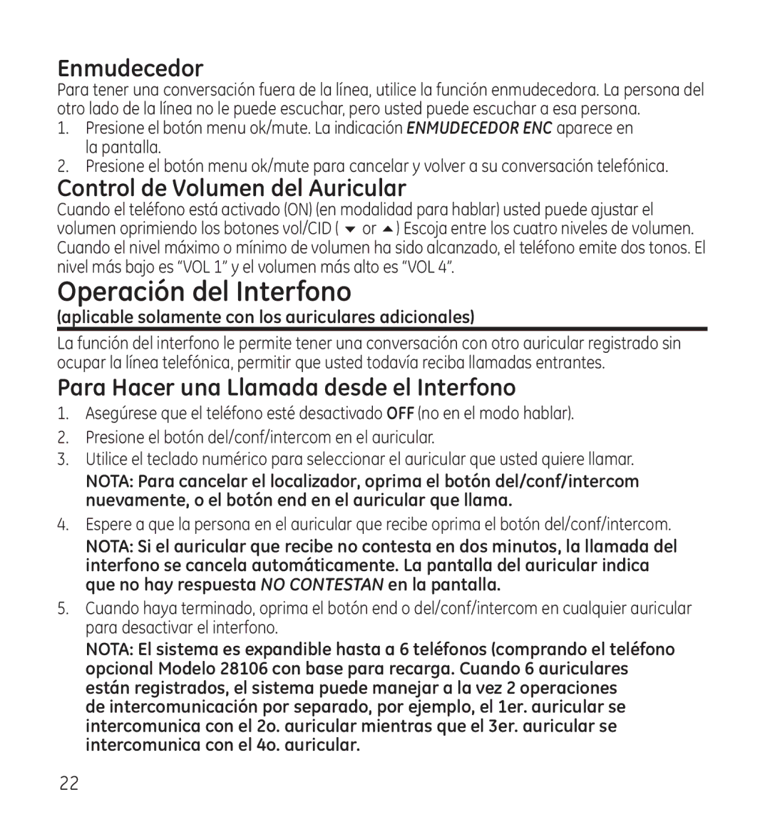 GE 28115 Series manual Operación del Interfono, Enmudecedor, Control de Volumen del Auricular 