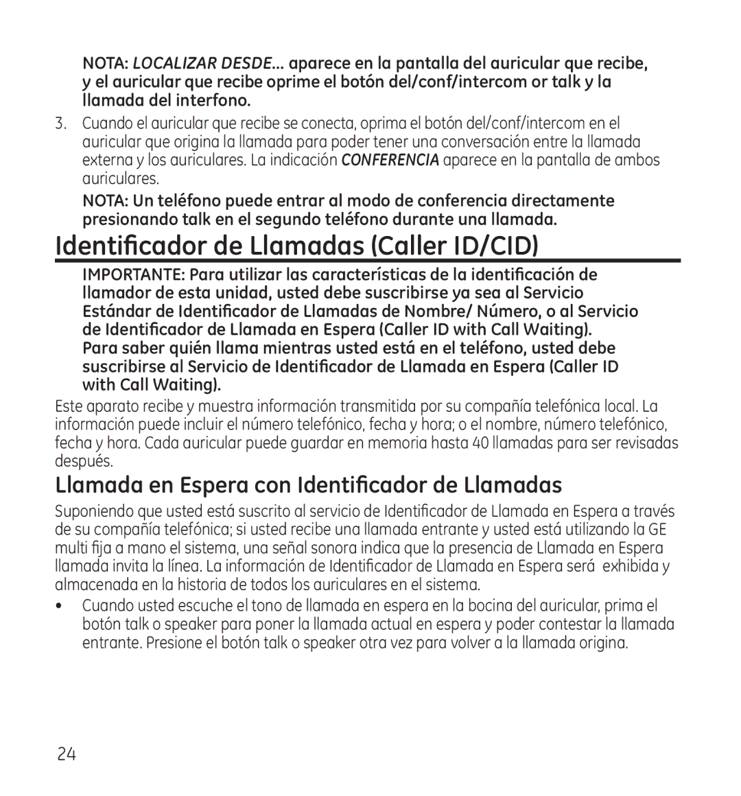 GE 28115 Series manual Identificador de Llamadas Caller ID/CID, Llamada en Espera con Identificador de Llamadas 