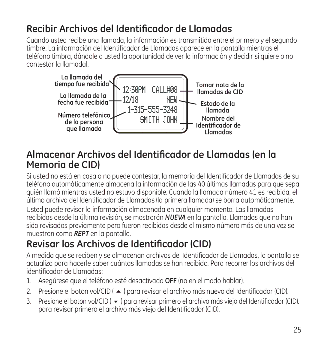 GE 28115 Series manual Recibir Archivos del Identificador de Llamadas, Revisar los Archivos de Identificador CID 