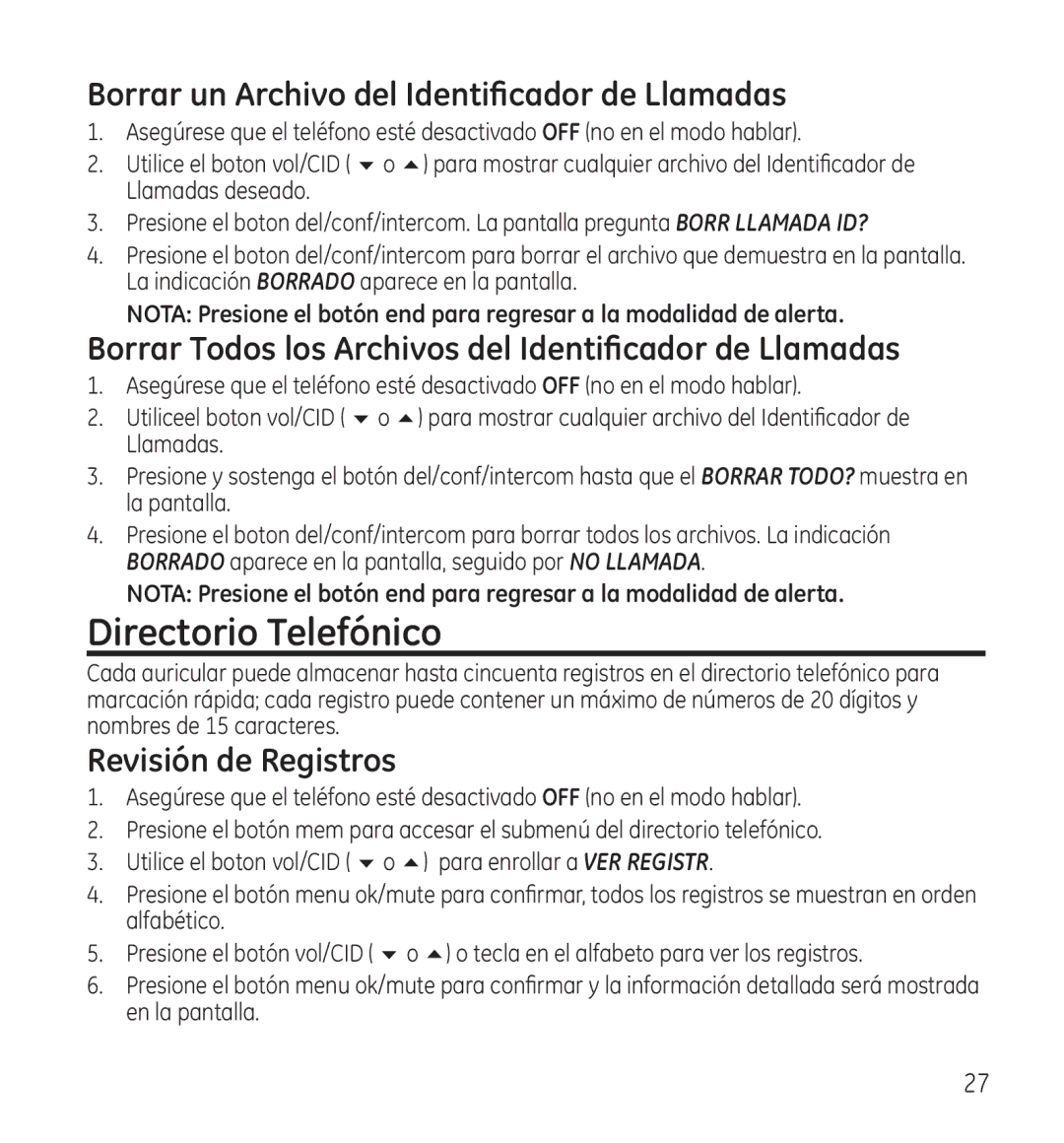 GE 28115 Series manual Directorio Telefónico, Borrar un Archivo del Identificador de Llamadas, Revisión de Registros 