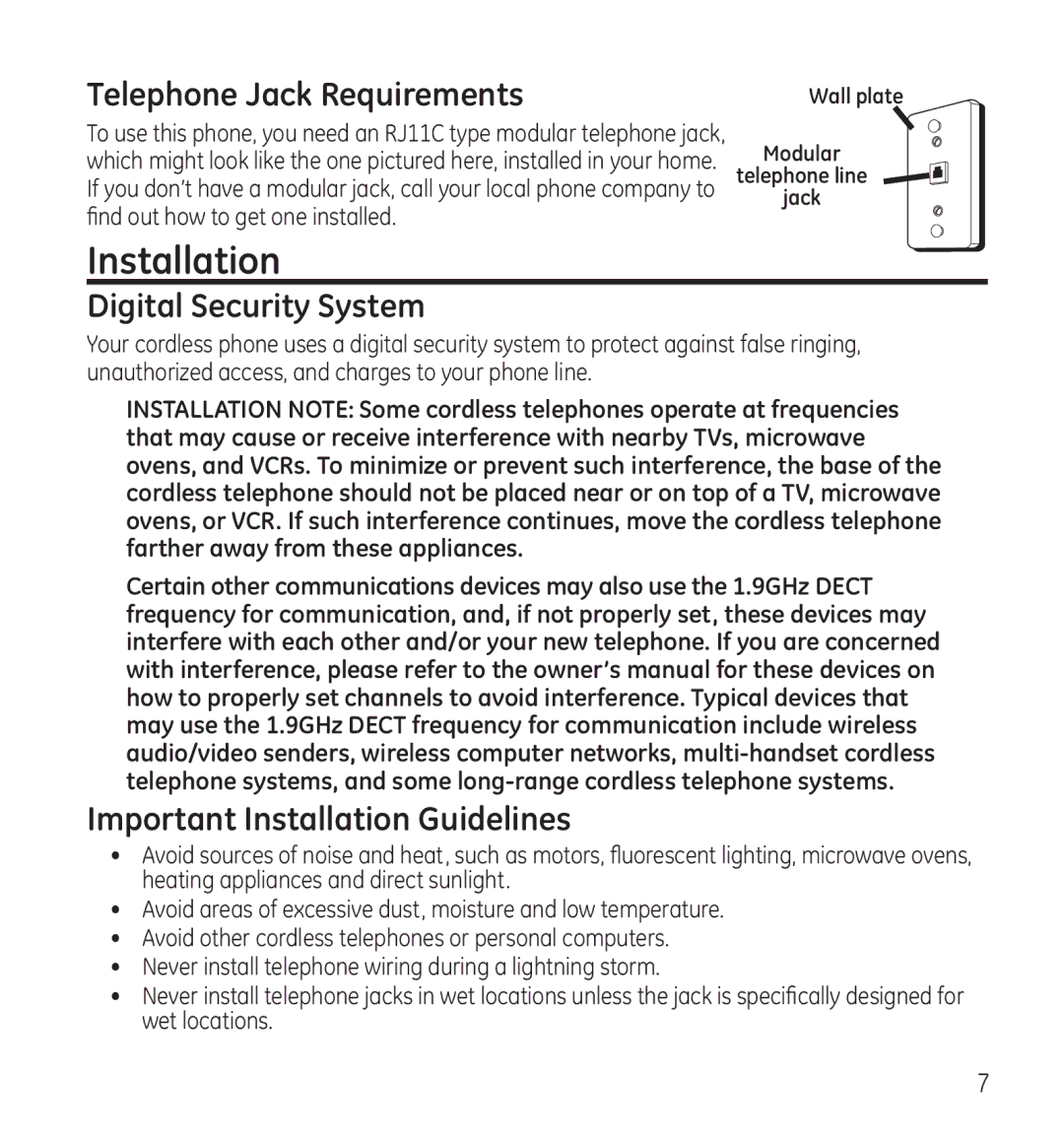 GE 28115 Series manual Telephone Jack Requirements, Digital Security System, Important Installation Guidelines 