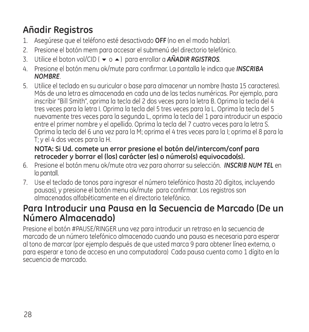 GE 28115 Series manual Añadir Registros 