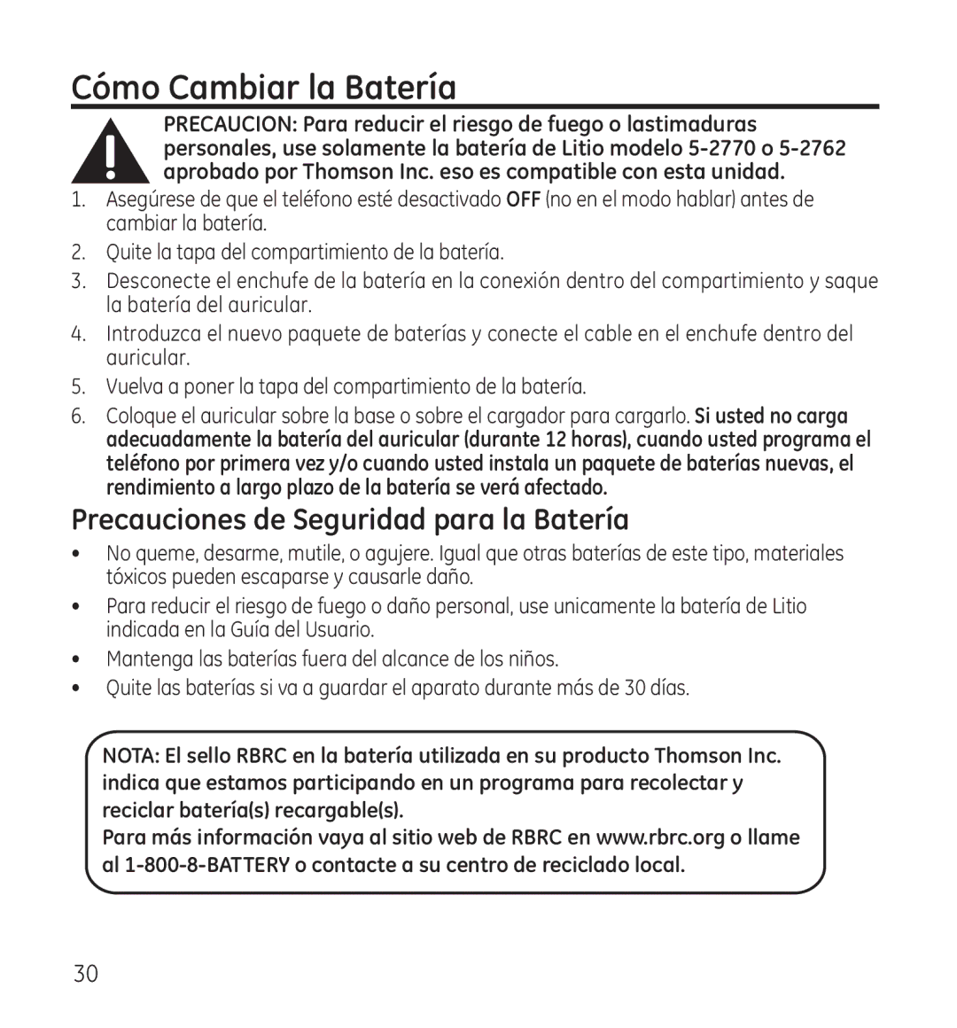 GE 28115 Series manual Cómo Cambiar la Batería, Precauciones de Seguridad para la Batería 