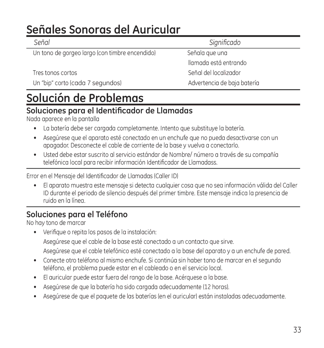 GE 28115 Series manual Señales Sonoras del Auricular, Solución de Problemas, Soluciones para el Identificador de Llamadas 