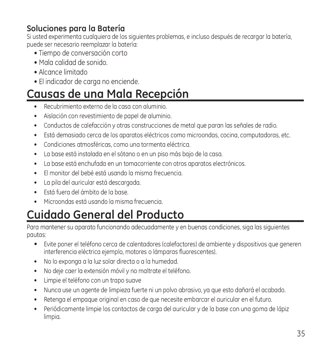 GE 28115 Series manual Causas de una Mala Recepción, Cuidado General del Producto, Soluciones para la Batería 