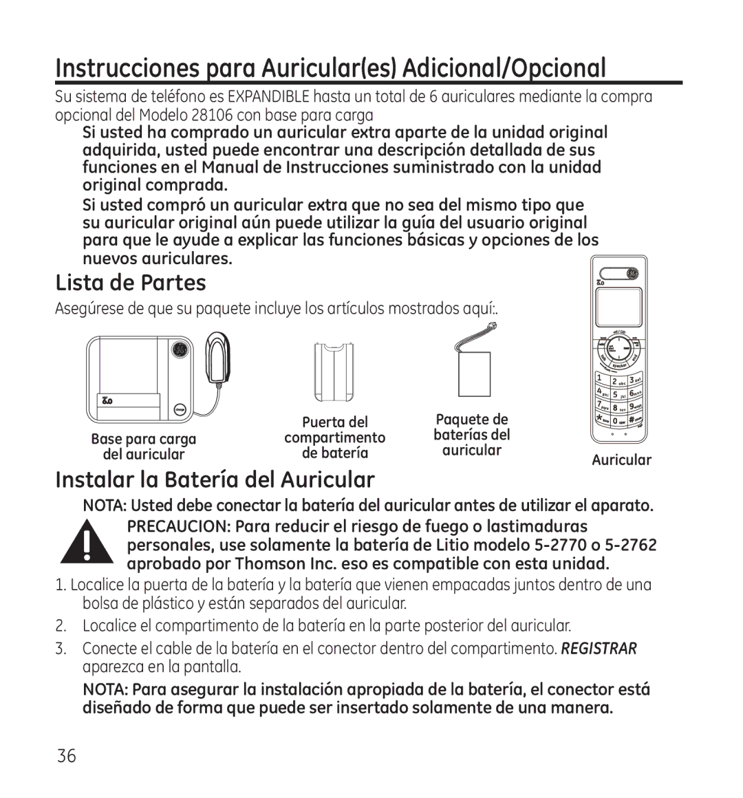 GE 28115 Series manual Instrucciones para Auriculares Adicional/Opcional, Lista de Partes 