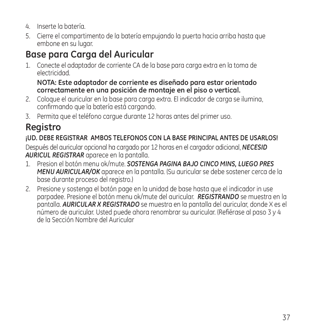 GE 28115 Series manual Base para Carga del Auricular, Registro 