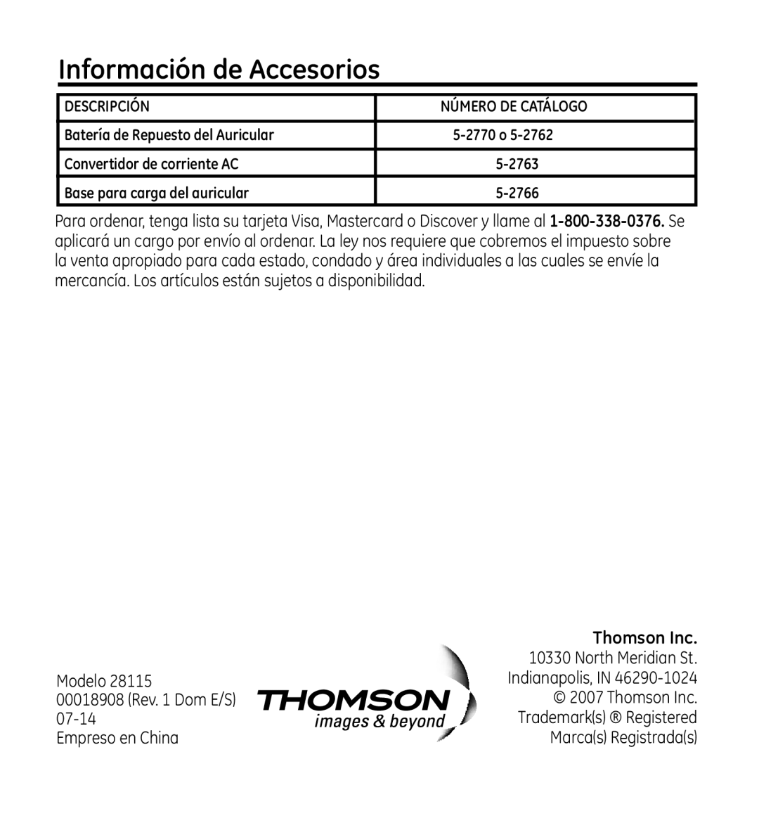 GE 28115 Series manual Información de Accesorios, Thomson Inc 