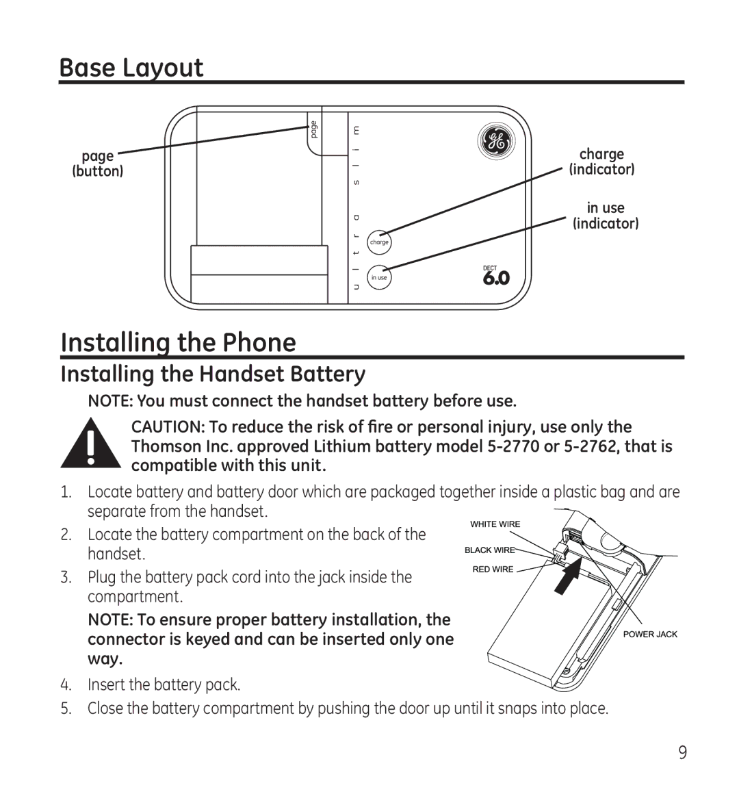 GE 28115 Series manual Base Layout, Installing the Phone, Installing the Handset Battery 