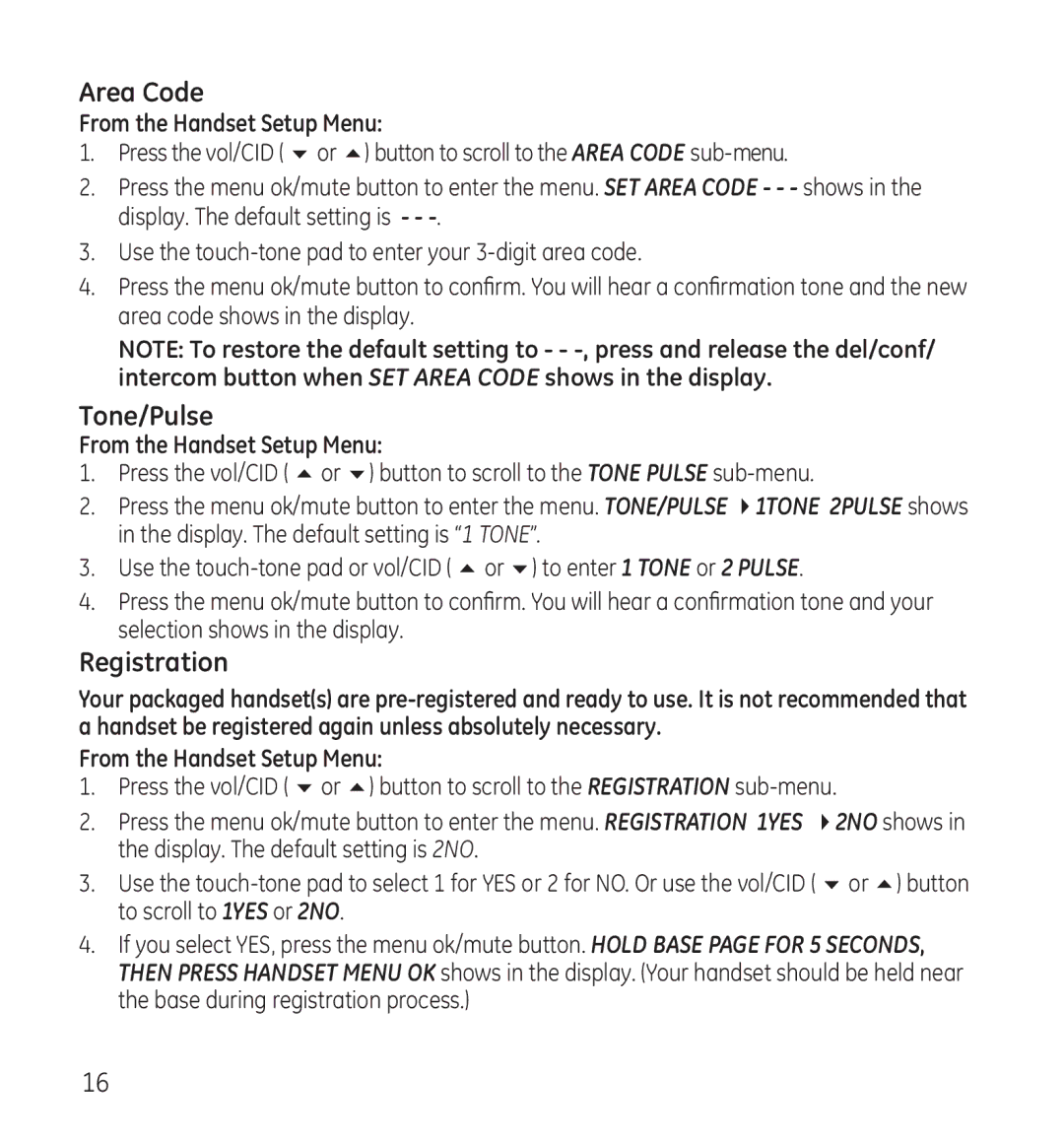 GE 28115 manual Area Code, Tone/Pulse, Registration 