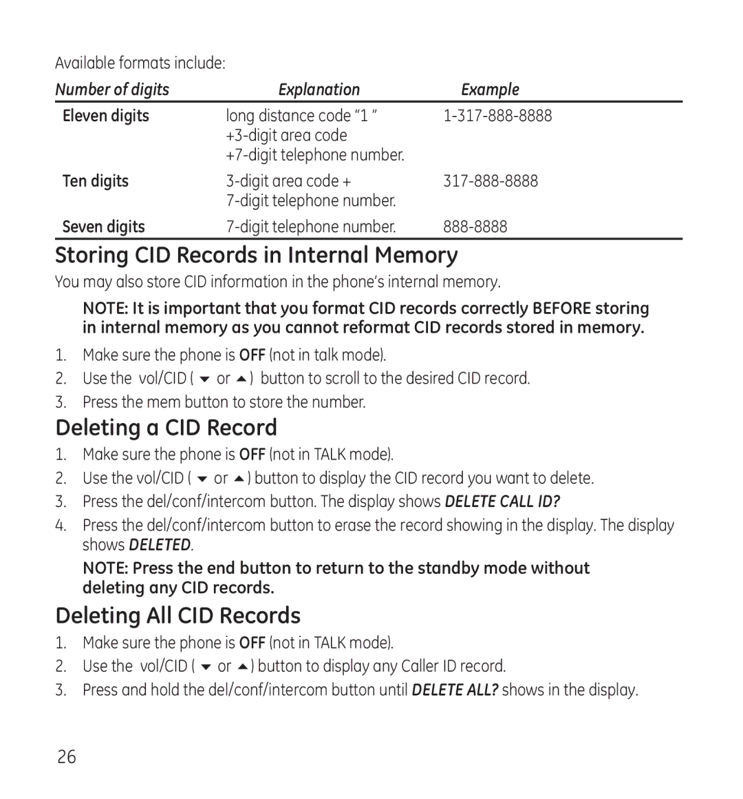 GE 28115 manual Storing CID Records in Internal Memory, Deleting a CID Record, Deleting All CID Records 