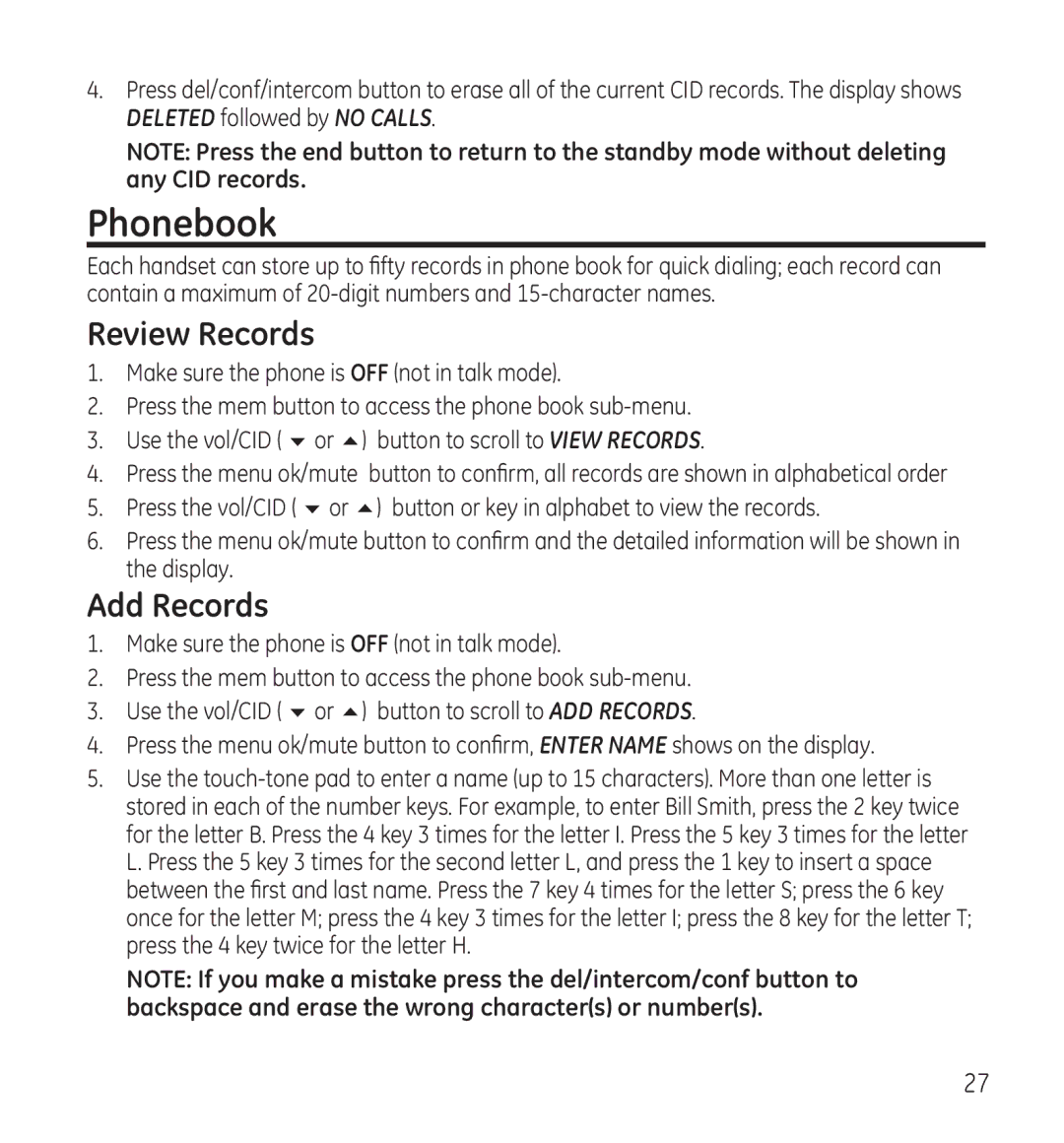 GE 28115 manual Phonebook, Review Records, Add Records 