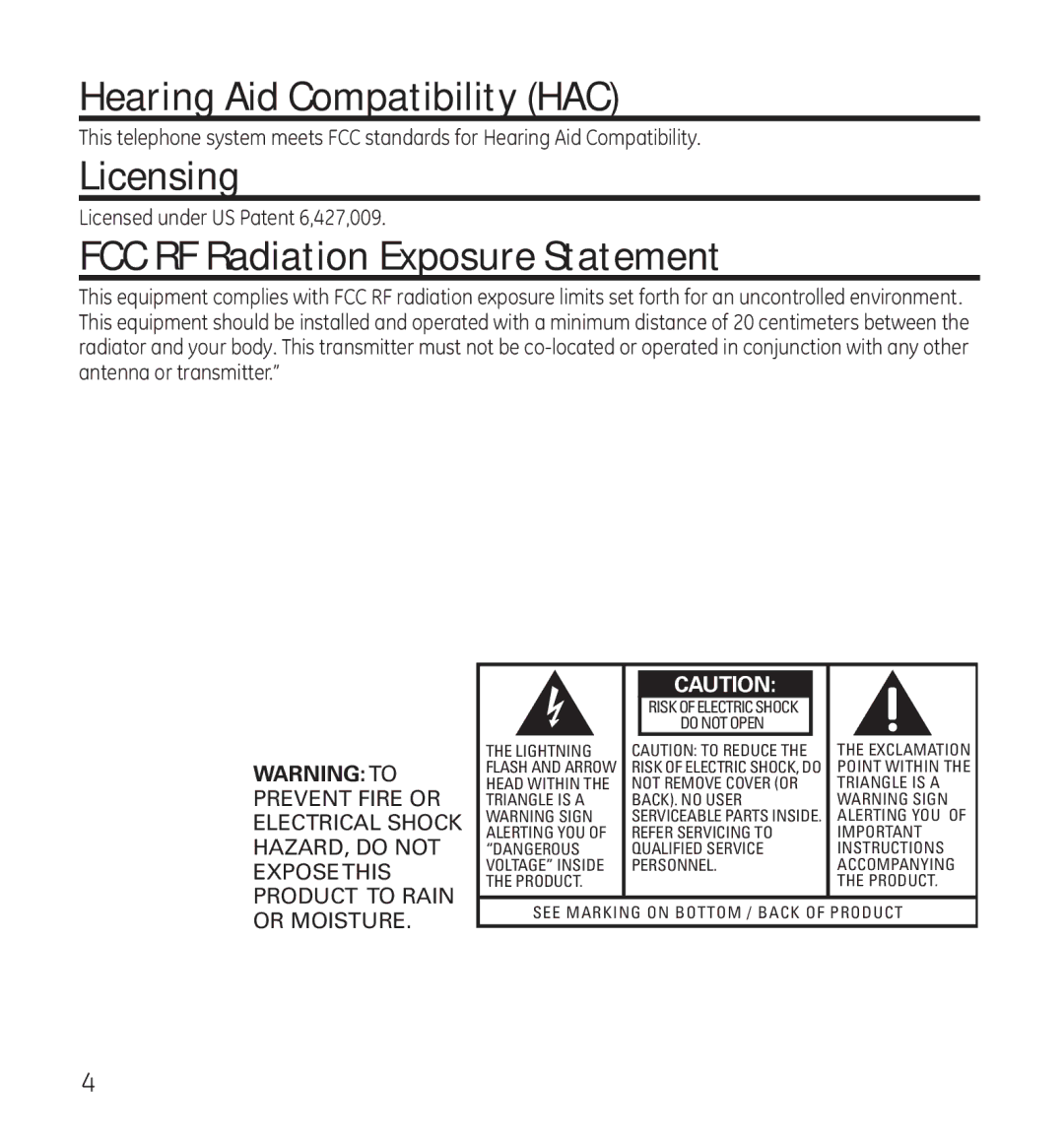 GE 28115 manual Hearing Aid Compatibility HAC, Licensing, FCC RF Radiation Exposure Statement 