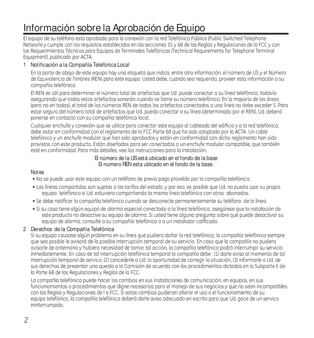 GE 28115 manual Información sobre la Aprobación de Equipo, Notificación a la Compañía Telefónica Local 