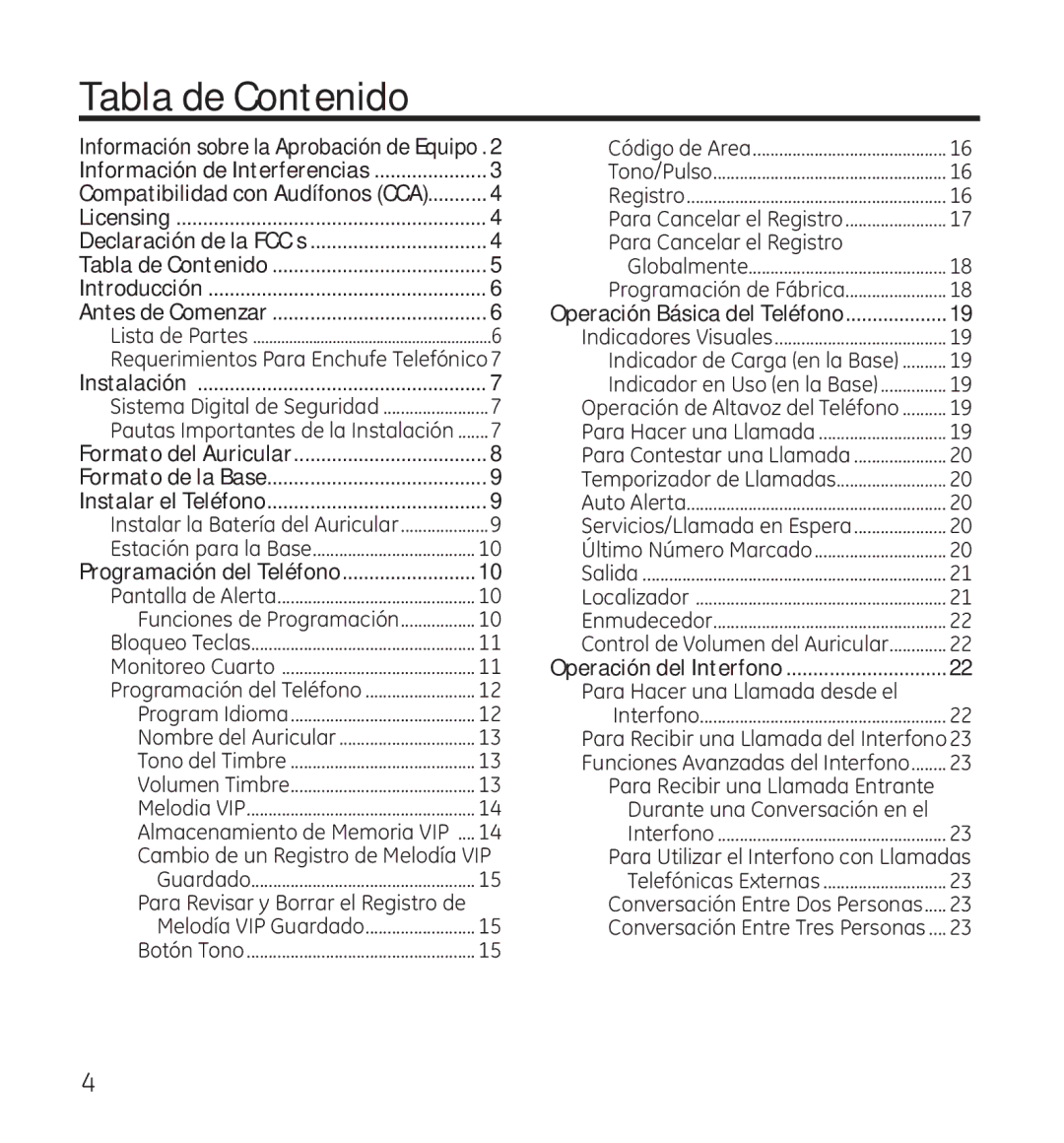 GE 28115 manual Tabla de Contenido, Requerimientos Para Enchufe Telefónico7 