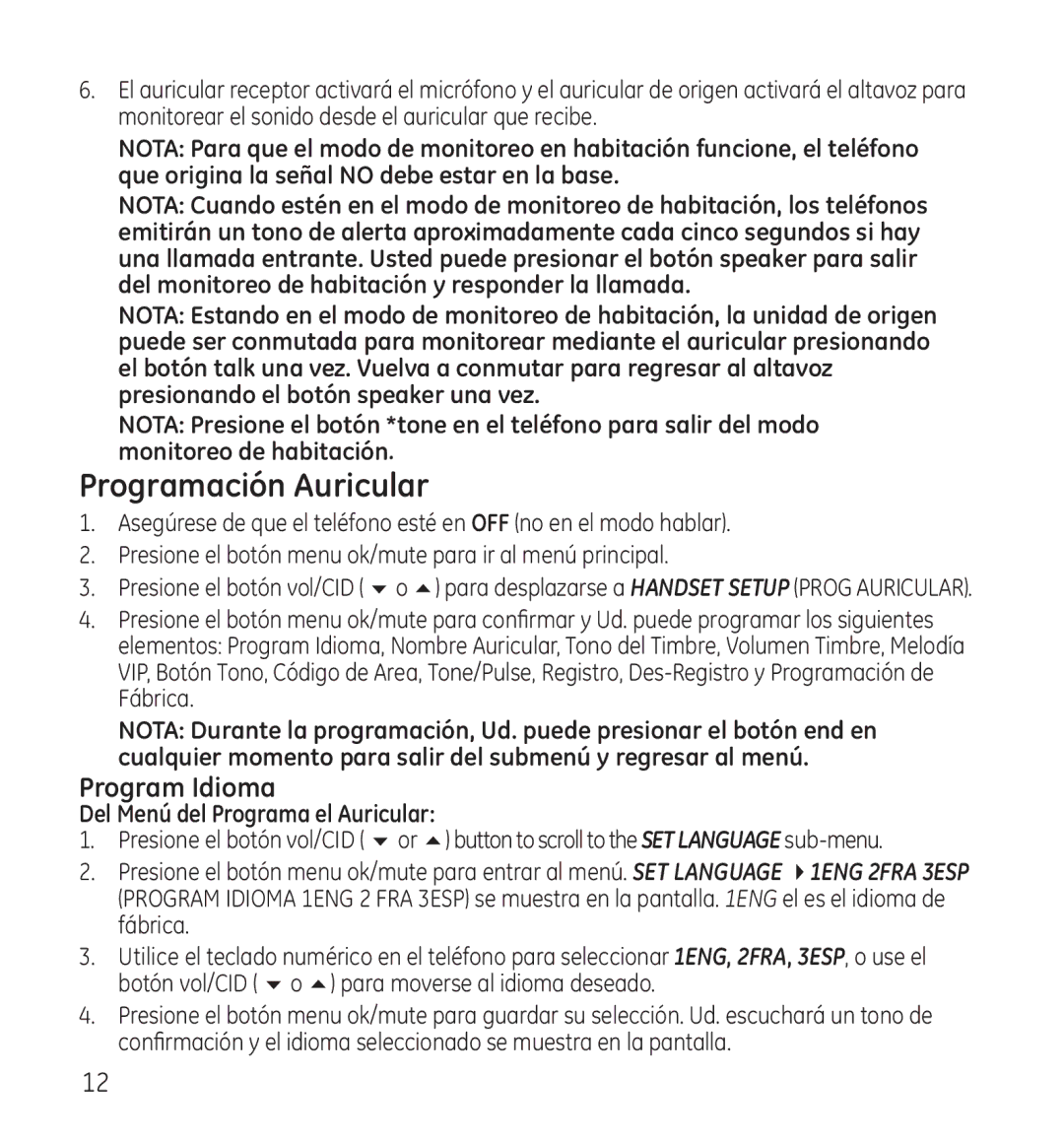 GE 28115 manual Programación Auricular, Program Idioma, Del Menú del Programa el Auricular 