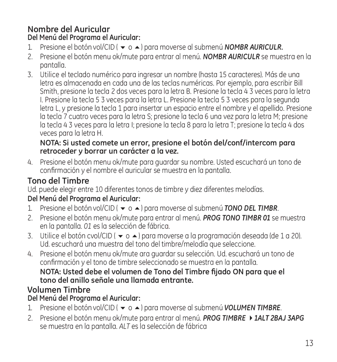 GE 28115 manual Nombre del Auricular, Tono del Timbre, Volumen Timbre 