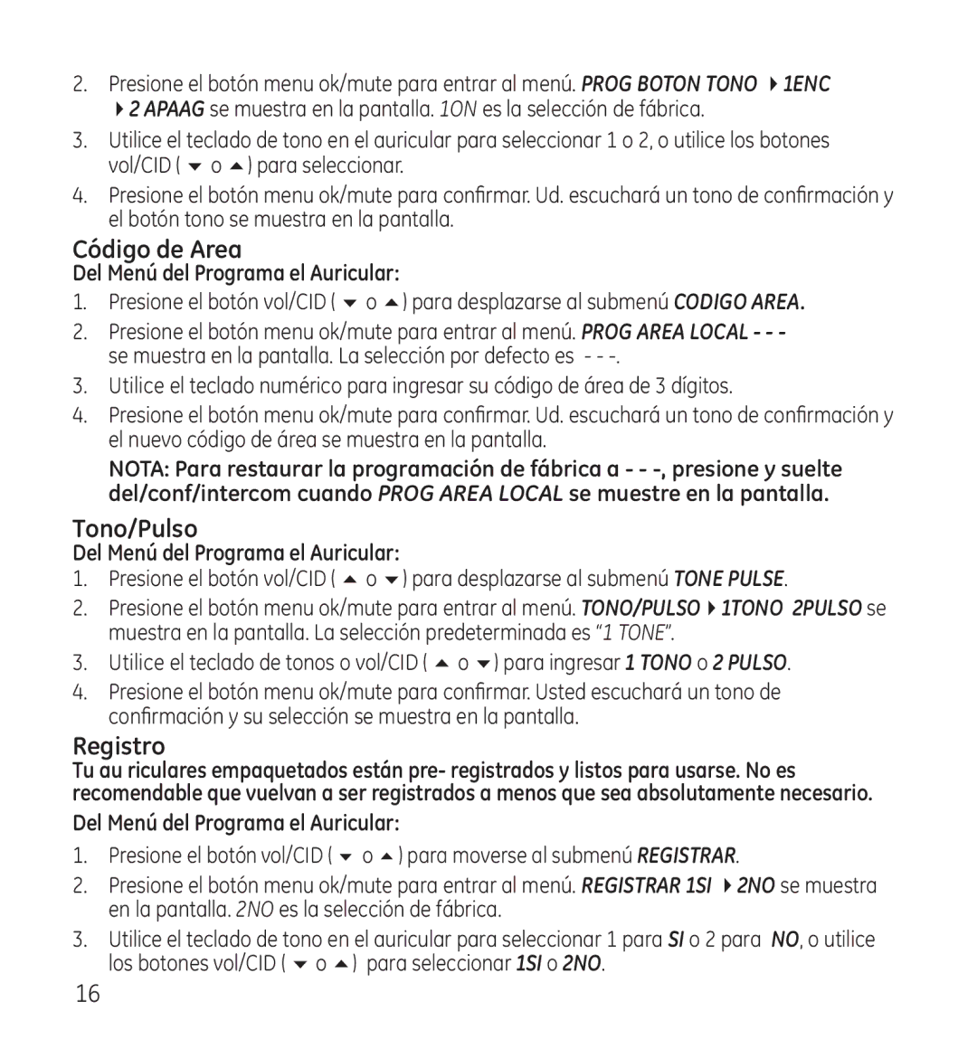 GE 28115 manual Código de Area, Tono/Pulso, Registro 