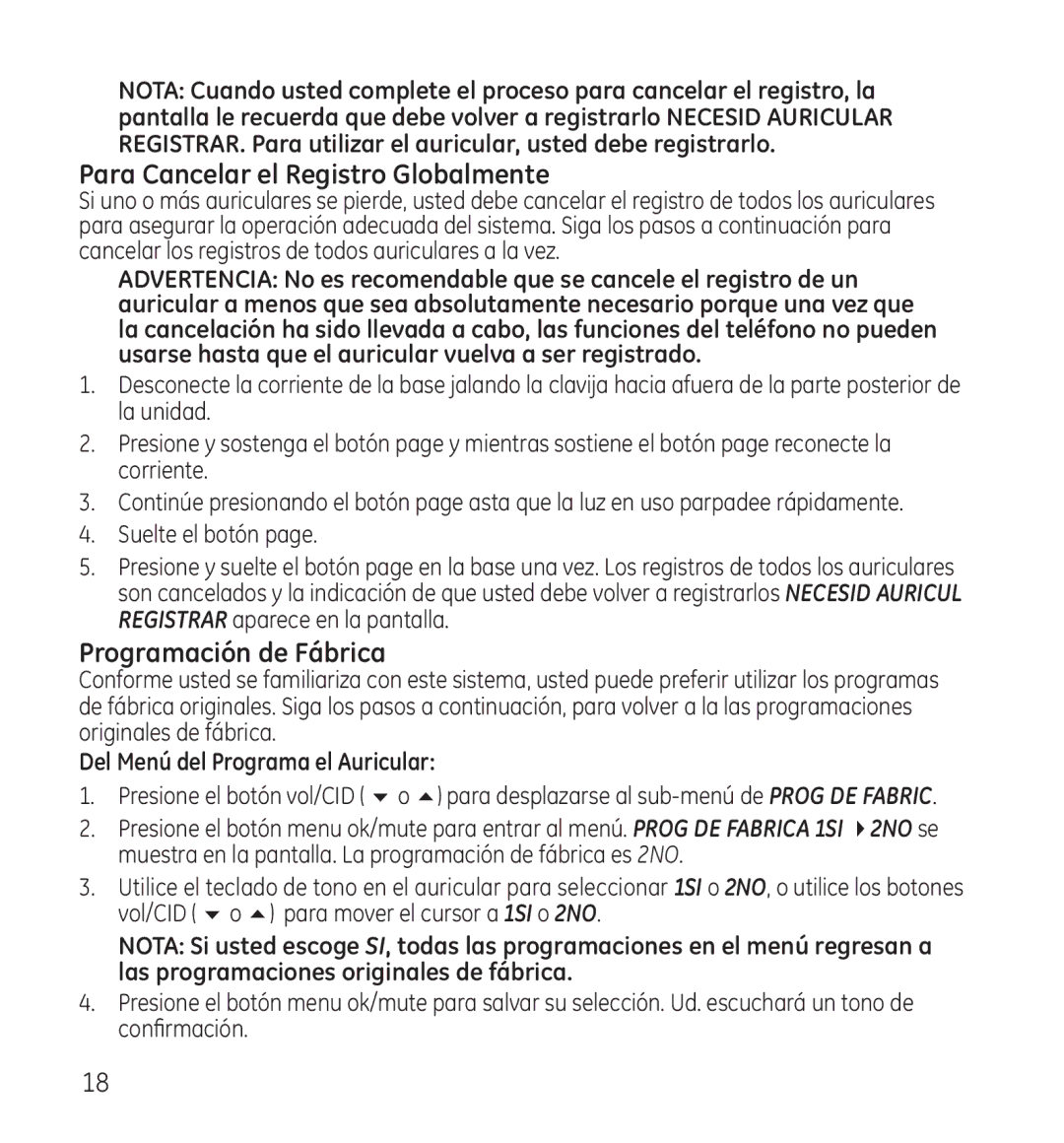 GE 28115 manual Para Cancelar el Registro Globalmente, Programación de Fábrica 