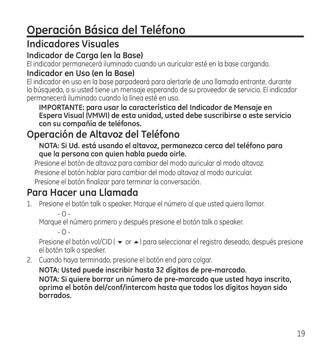 GE 28115 Operación Básica del Teléfono, Indicadores Visuales, Operación de Altavoz del Teléfono, Para Hacer una Llamada 