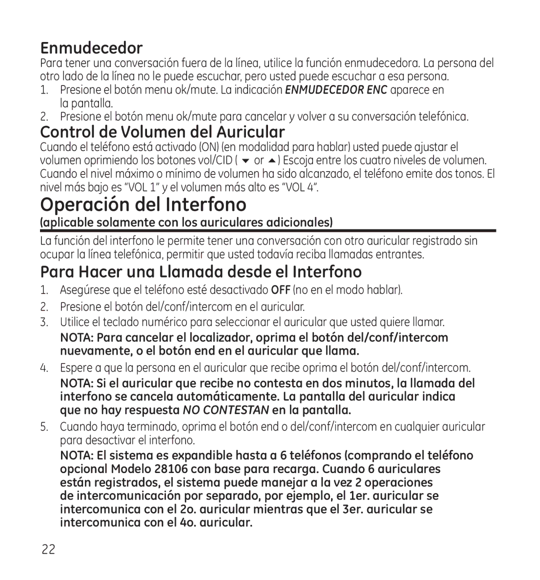 GE 28115 Operación del Interfono, Enmudecedor, Control de Volumen del Auricular, Para Hacer una Llamada desde el Interfono 