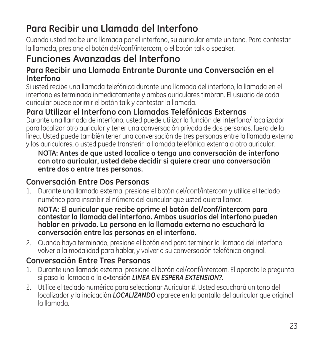 GE 28115 manual Para Recibir una Llamada del Interfono, Funciones Avanzadas del Interfono, Conversación Entre Dos Personas 