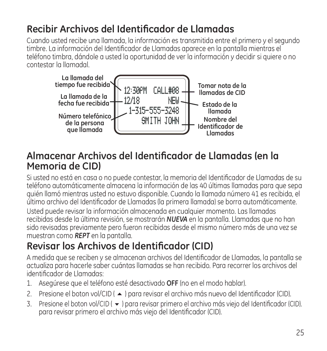 GE 28115 manual Recibir Archivos del Identificador de Llamadas, Revisar los Archivos de Identificador CID 