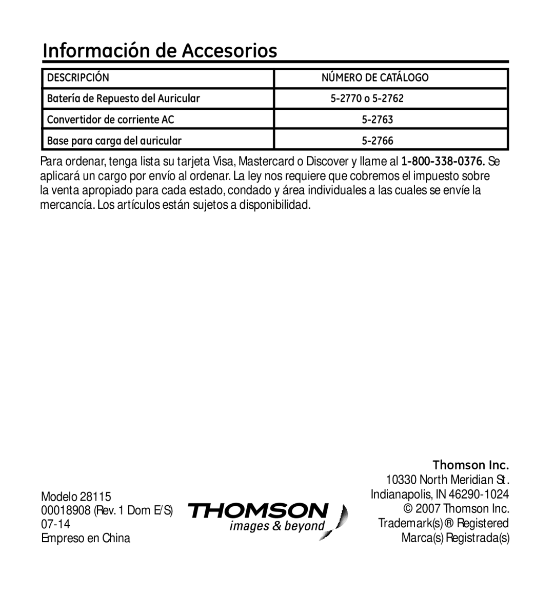 GE 28115 manual Información de Accesorios, Thomson Inc 