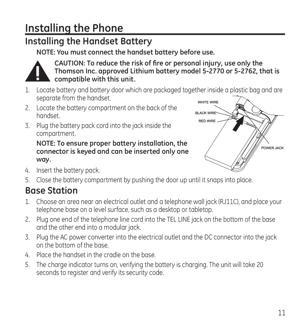 GE 28118 manual Installing the Phone, Installing the Handset Battery, Base Station 