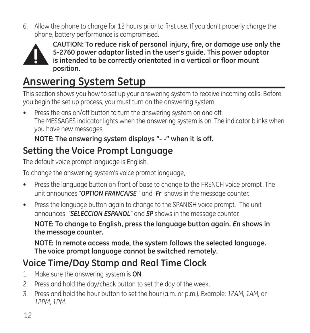 GE 28118 manual Answering System Setup, Setting the Voice Prompt Language, Voice Time/Day Stamp and Real Time Clock 