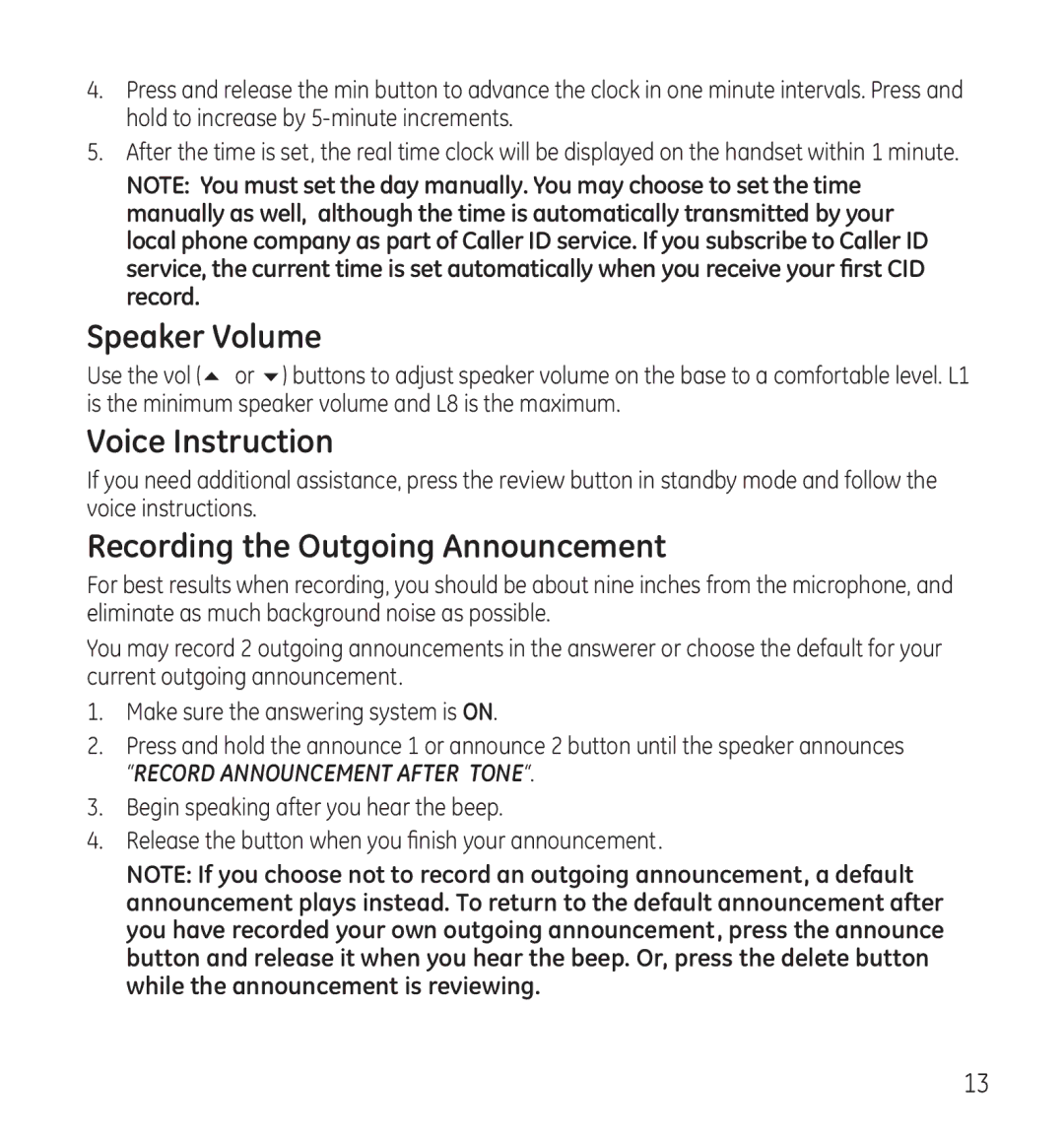 GE 28118 manual Speaker Volume, Voice Instruction, Recording the Outgoing Announcement 