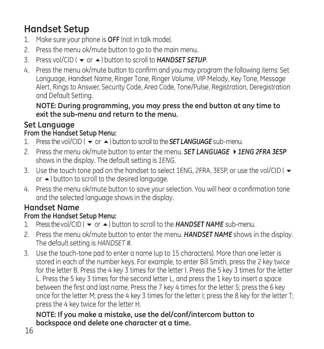 GE 28118 manual Set Language, Handset Name, From the Handset Setup Menu 