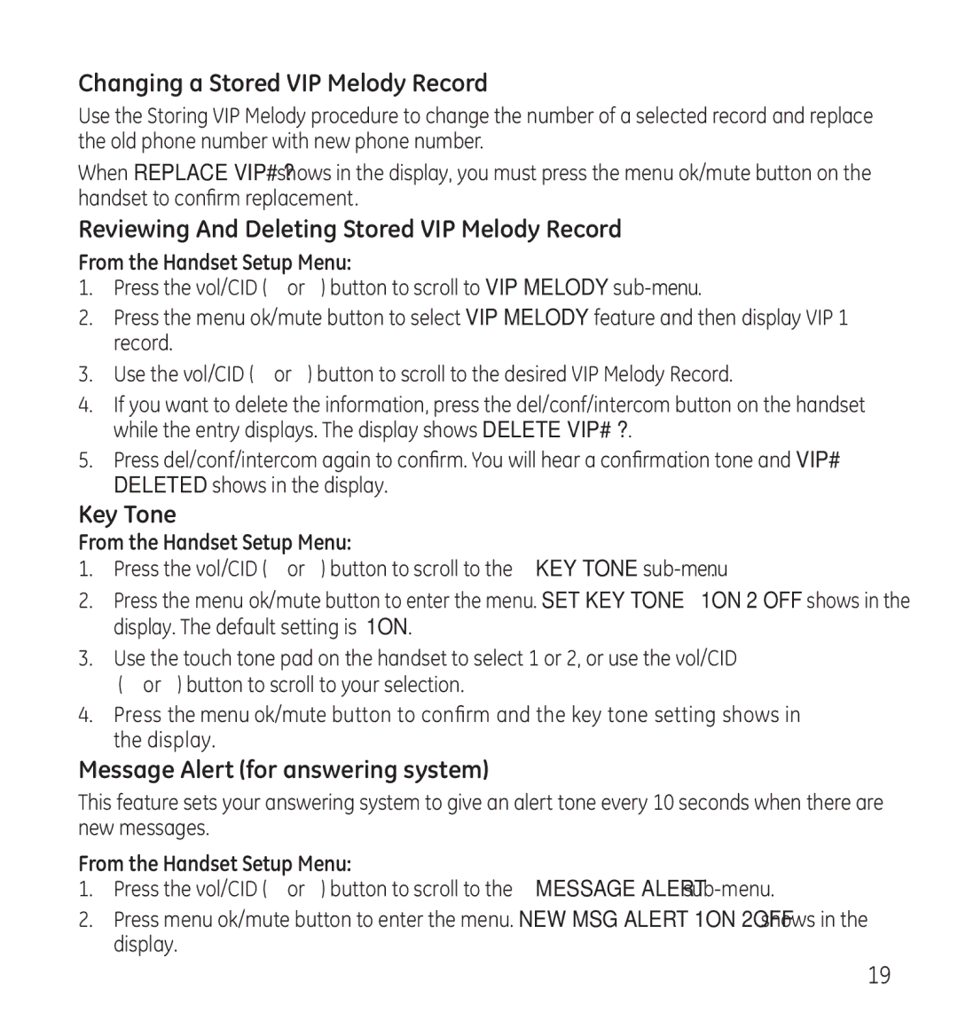 GE 28118 manual Changing a Stored VIP Melody Record, Reviewing And Deleting Stored VIP Melody Record, Key Tone 