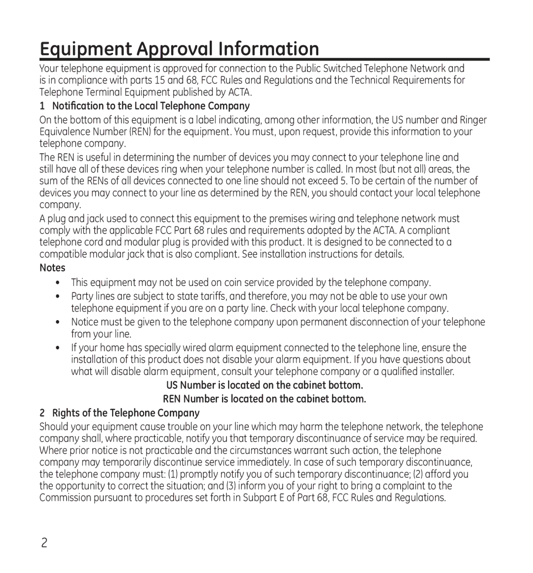 GE 28118 manual Equipment Approval Information, Notification to the Local Telephone Company 