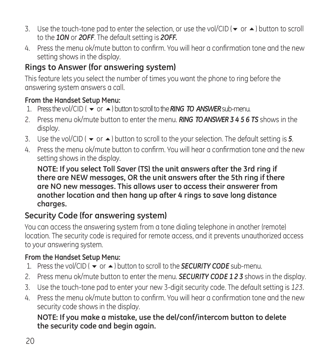 GE 28118 manual Rings to Answer for answering system, Security Code for answering system 