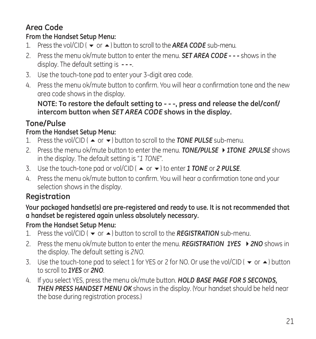 GE 28118 manual Area Code, Tone/Pulse, Registration 