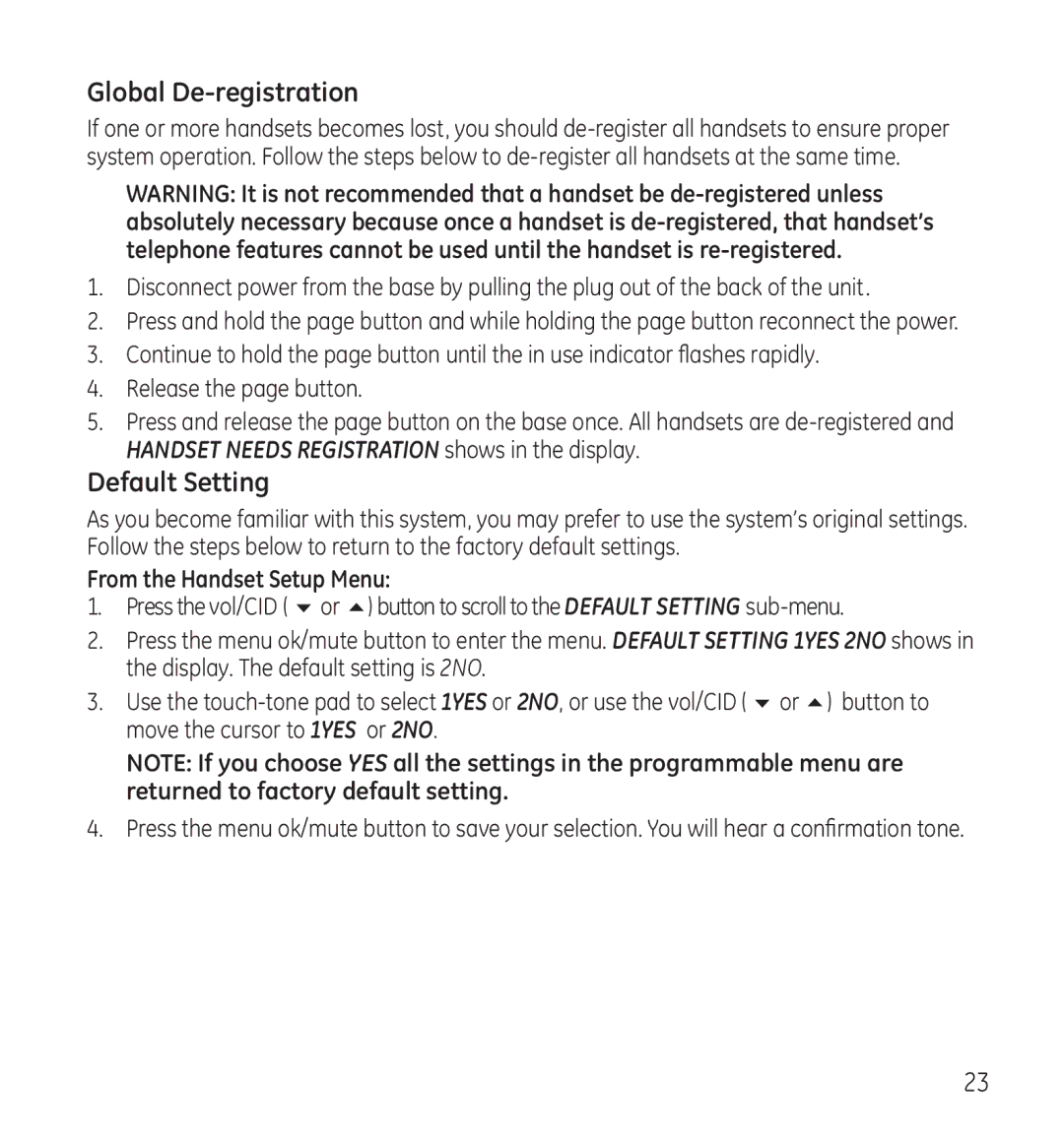 GE 28118 manual Global De-registration, Default Setting 