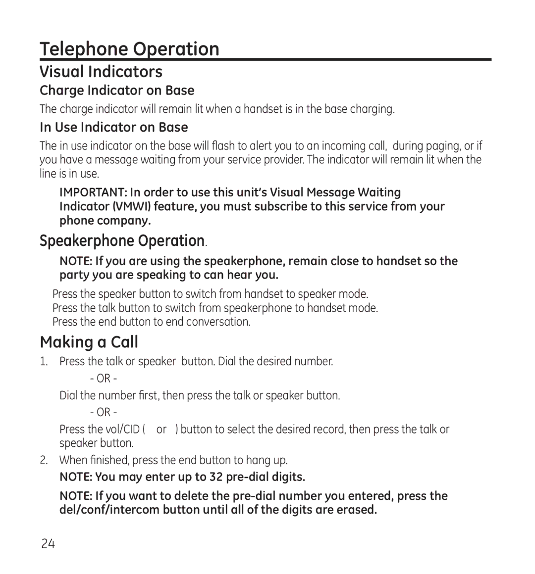 GE 28118 manual Telephone Operation, Visual Indicators, Speakerphone Operation, Making a Call 