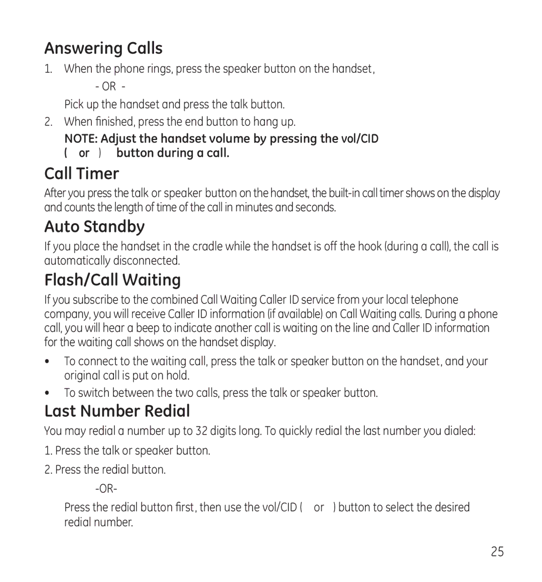 GE 28118 manual Answering Calls, Call Timer, Auto Standby, Flash/Call Waiting, Last Number Redial 